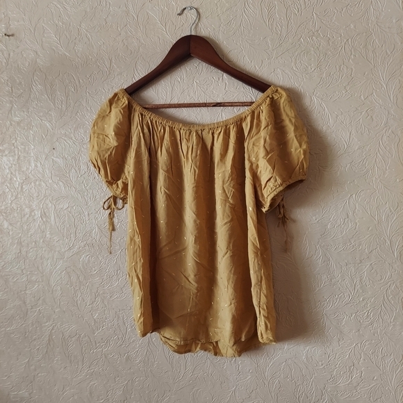 Harve Benard mustard yellow blouse w metallic gold pattern tie sleeves Sz medium - Picture 5 of 8